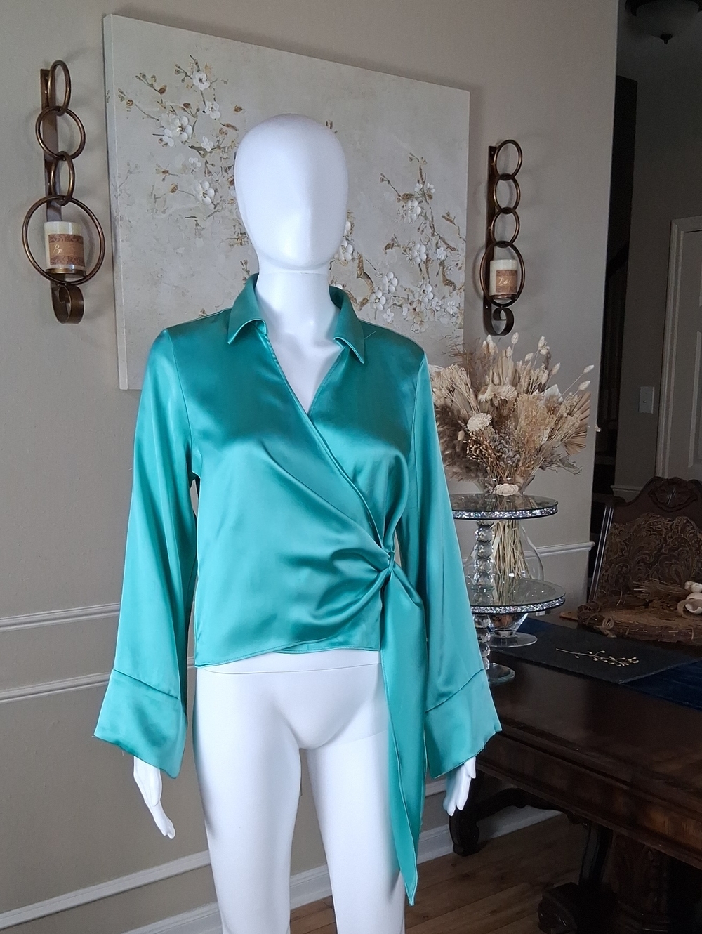 Zara Women's Teal Satin Glossy Fluid V Neck Wrap Long Sleeves Blouse Medium - Picture 7 of 16